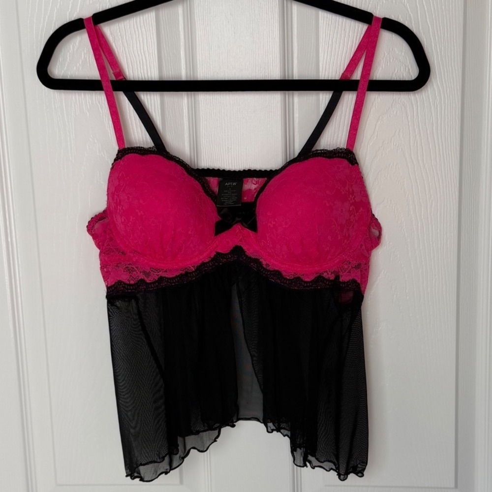 Apt 9 Intimates Hot Pink Black Lace Mesh Babydoll Chemise L Underwire Barbiecore